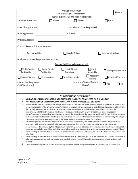 First page of the Water and Sewer Connection Application