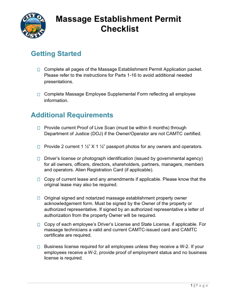 First page of the Massage Establishment Permit Checklist & Application