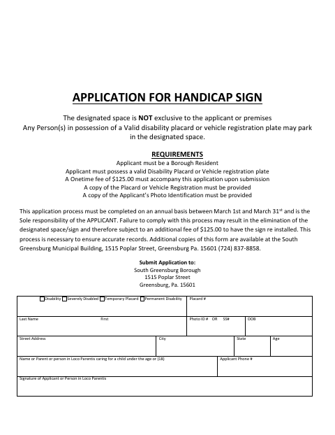 First page of the Handicap Sign Application