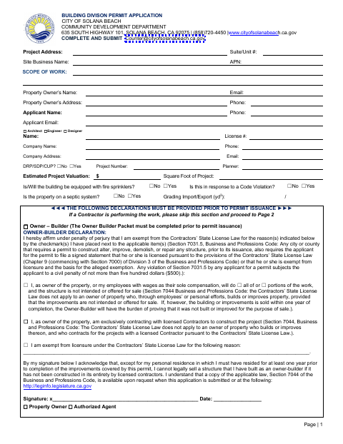 First page of the Building Division Permit Application