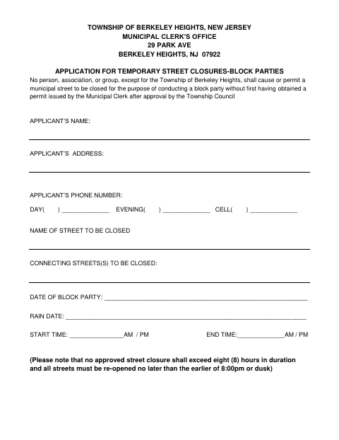 First page of the Application for Temporary Street Closures – Block Parties