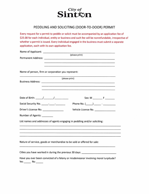 First page of the Peddling and Soliciting (Door-to-Door) Permit