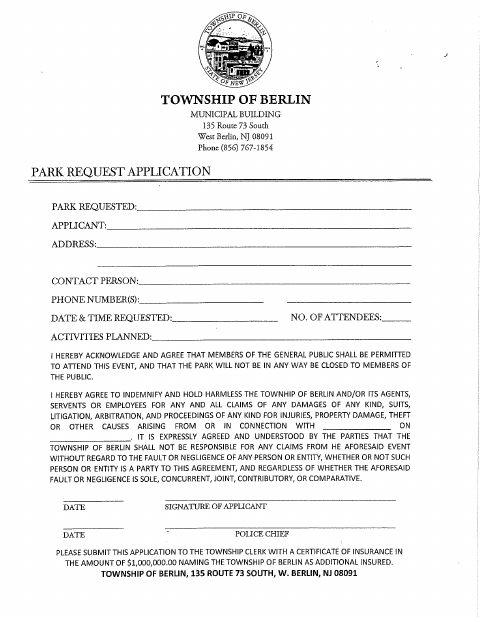 First page of the Park Request Application