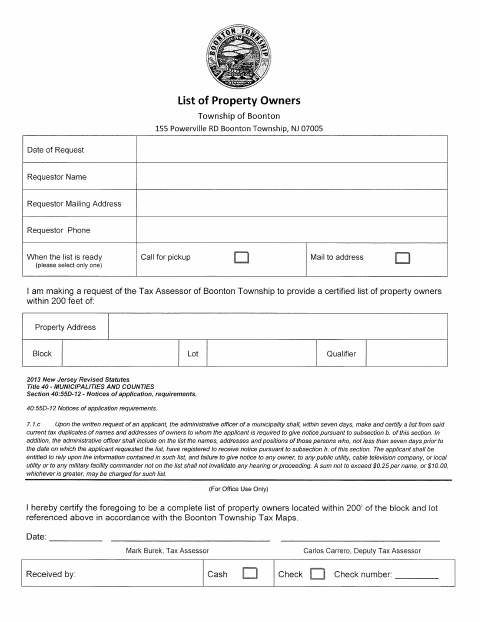 First page of the 200 Foot Property Owner List Request
