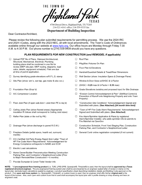 First page of the Builder's Packet (Residential)