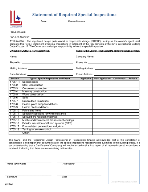 First page of the Statement of Required Special Inspections