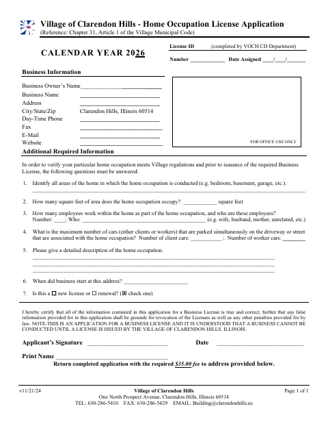 First page of the Home Occupation License Application