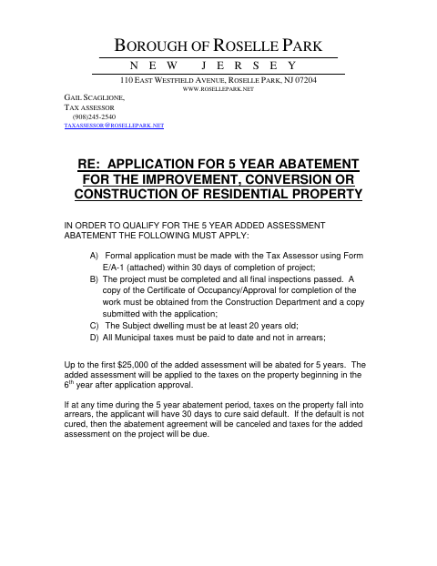 First page of the Five-Year Residential Tax Abatement Application