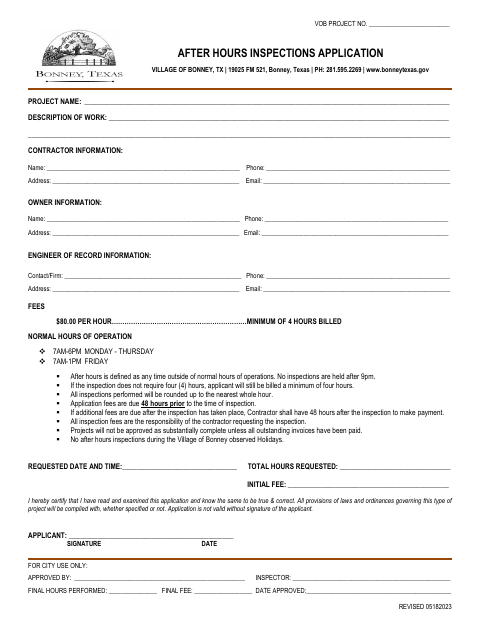 First page of the After Hours Inspections Application
