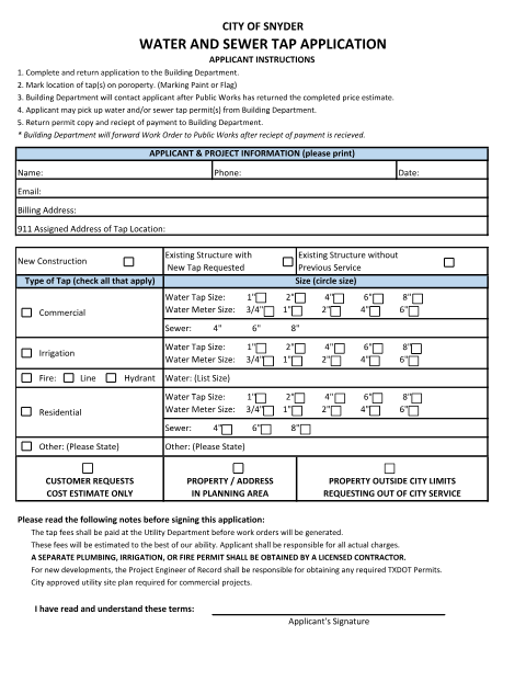 First page of the Water and Sewer Tap Application