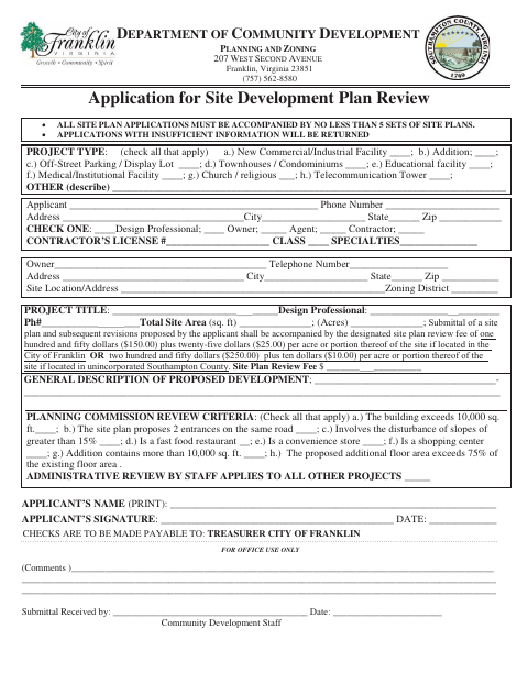 First page of the Application for Site Development Plan Review