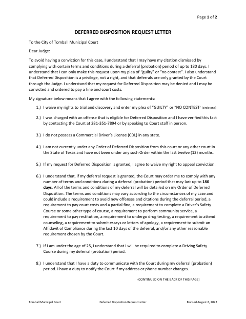 First page of the Deferred Disposition Request Letter