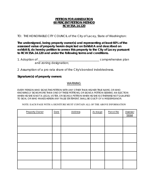 First page of the Petition for Annexation 60 Percent Petition Method