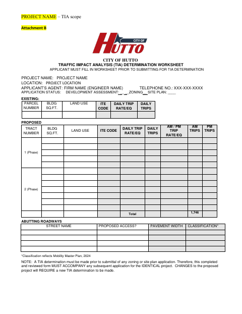First page of the Traffic Impact Analysis Determination Worksheet
