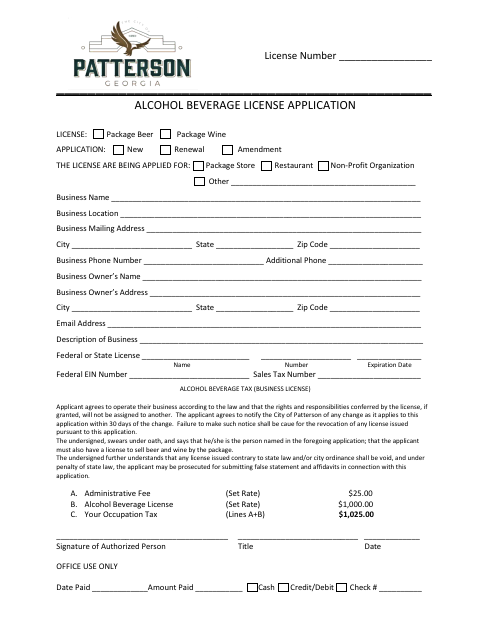 First page of the Alcohol Beverage License Application