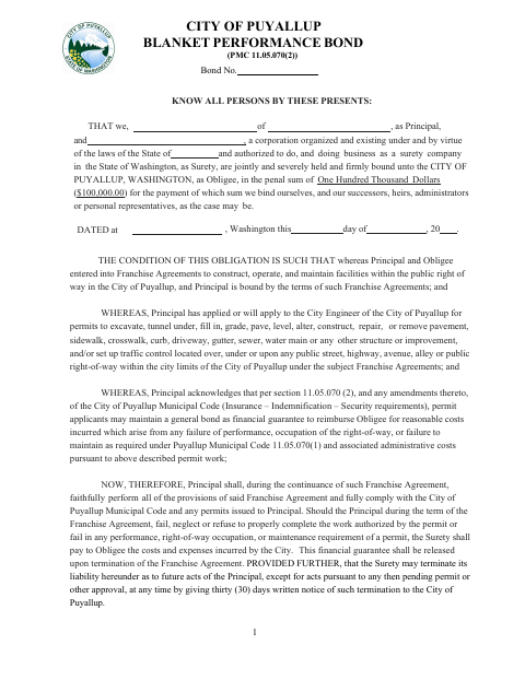 First page of the Blanket Performance Bond