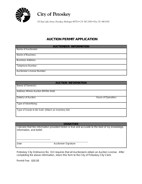 First page of the Auction Permit Application