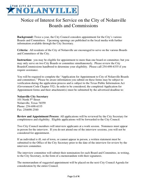 First page of the Application for Appointment to City Boards and Committees