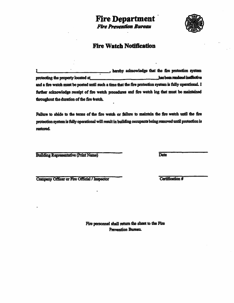 First page of the Fire Watch Forms