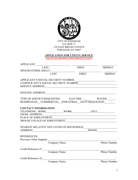 First page of the Application for Utility Services