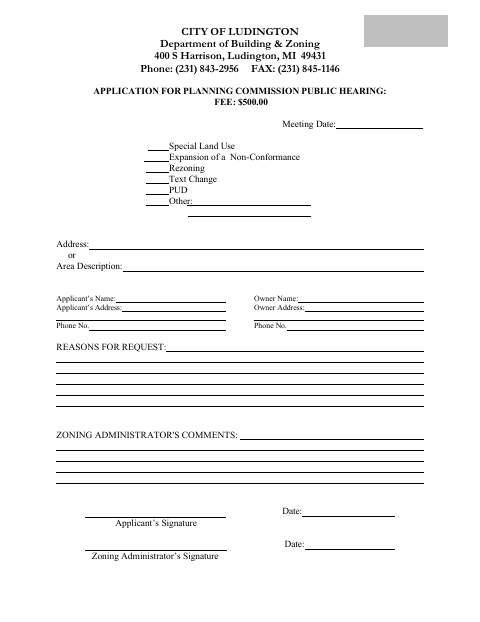First page of the Planning Commission Public Hearing Application
