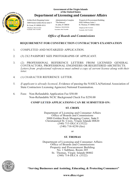 First page of the Construction Contractor Examination Application