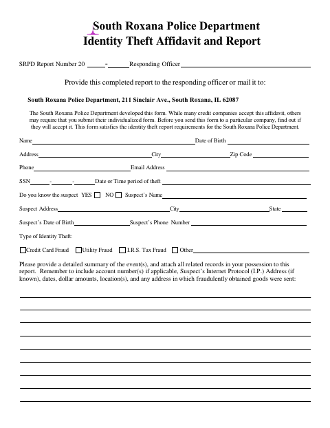 First page of the Identity Theft Affidavit and Report