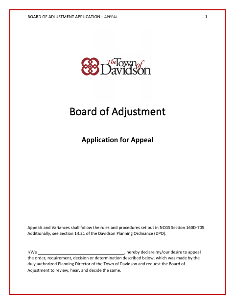 First page of the Board of Adjustment Application for Appeal