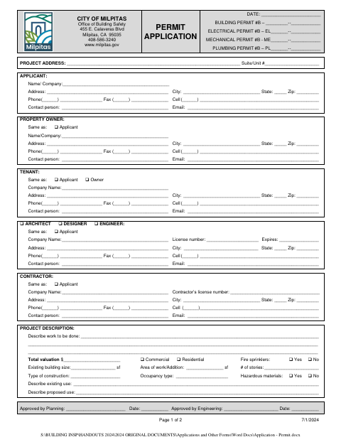 First page of the Building Permit Application