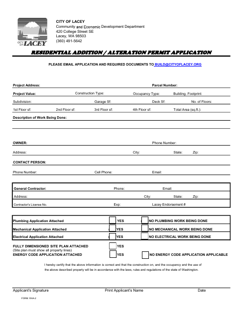 First page of the Residential Remodel or Addition