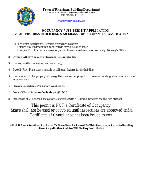 First page of the Occupancy / Use Permit Application