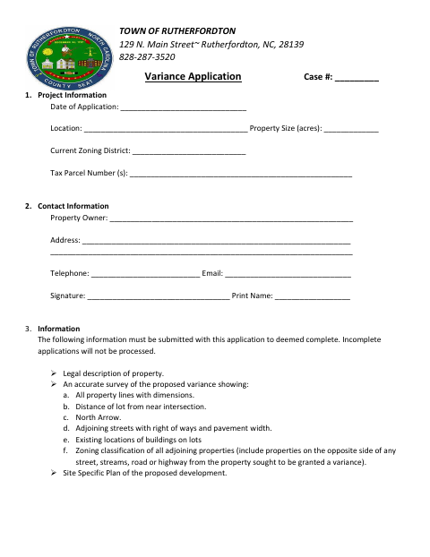 First page of the Variance Application