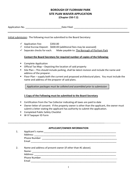 First page of the Site Plan Waiver Application