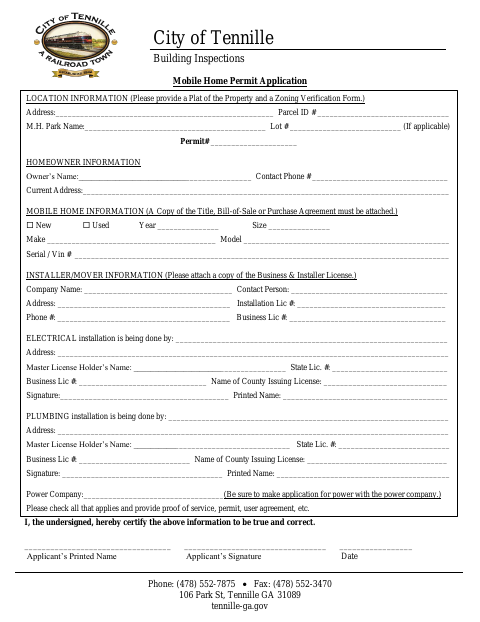 First page of the Mobile Home Permit Application