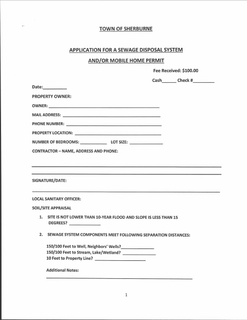 First page of the Application for a Sewage Disposal System and/or Mobile Home Permit