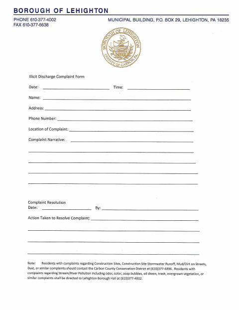 First page of the Illicit Discharge Complaint Form