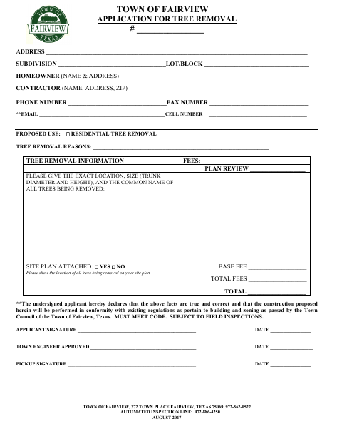 First page of the Tree Removal Application