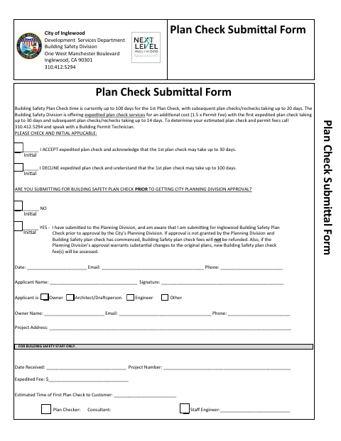 First page of the Plan Check Submittal Form