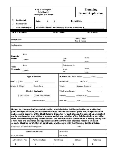 First page of the Plumbing Permit Application