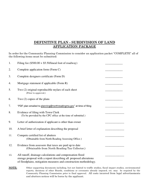 First page of the Definitive Subdivision Application Package