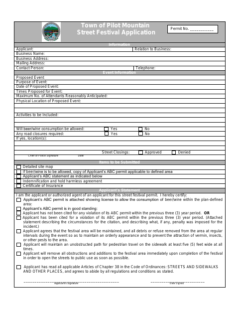 First page of the Street Festival Application