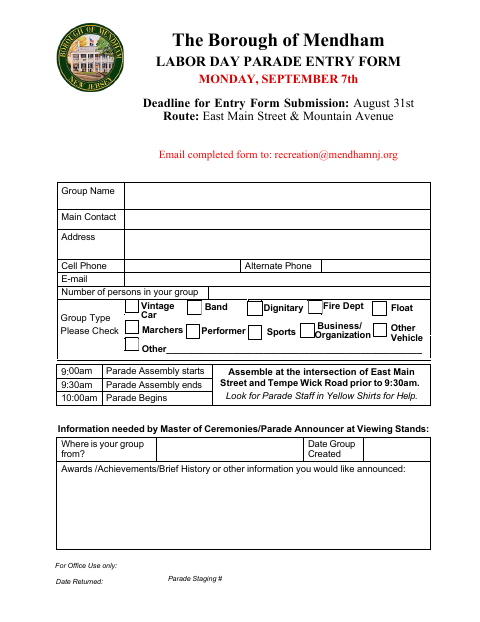 First page of the Labor Day Parade Entry Form