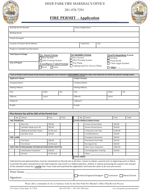 First page of the Fire Permit Application