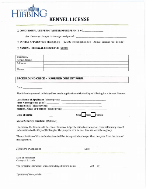 First page of the Kennel License Background Check Consent