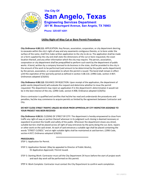 First page of the Utility Right-of-Way Cut or Bore Permit Application