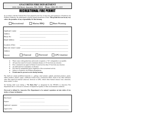 First page of the Recreational Fire Permit