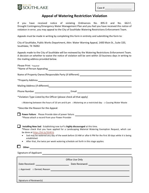 First page of the Appeal of Watering Restriction Violation