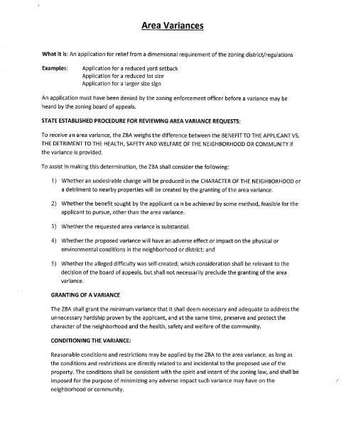 First page of the Area Variance Application