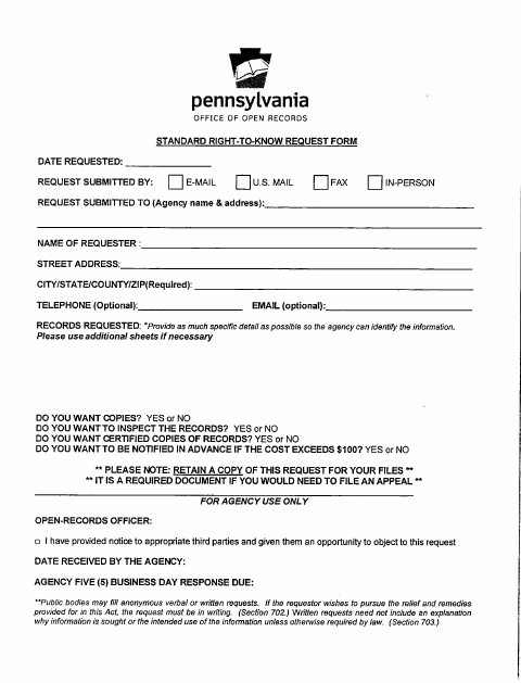 First page of the Standard Right-To-Know Request Form