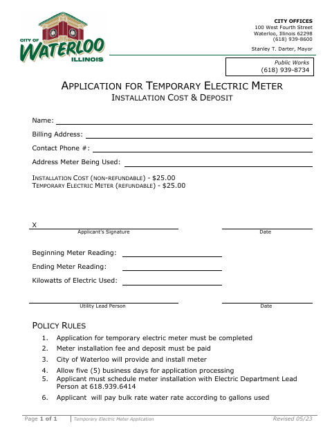First page of the Temporary Electric Meter Application